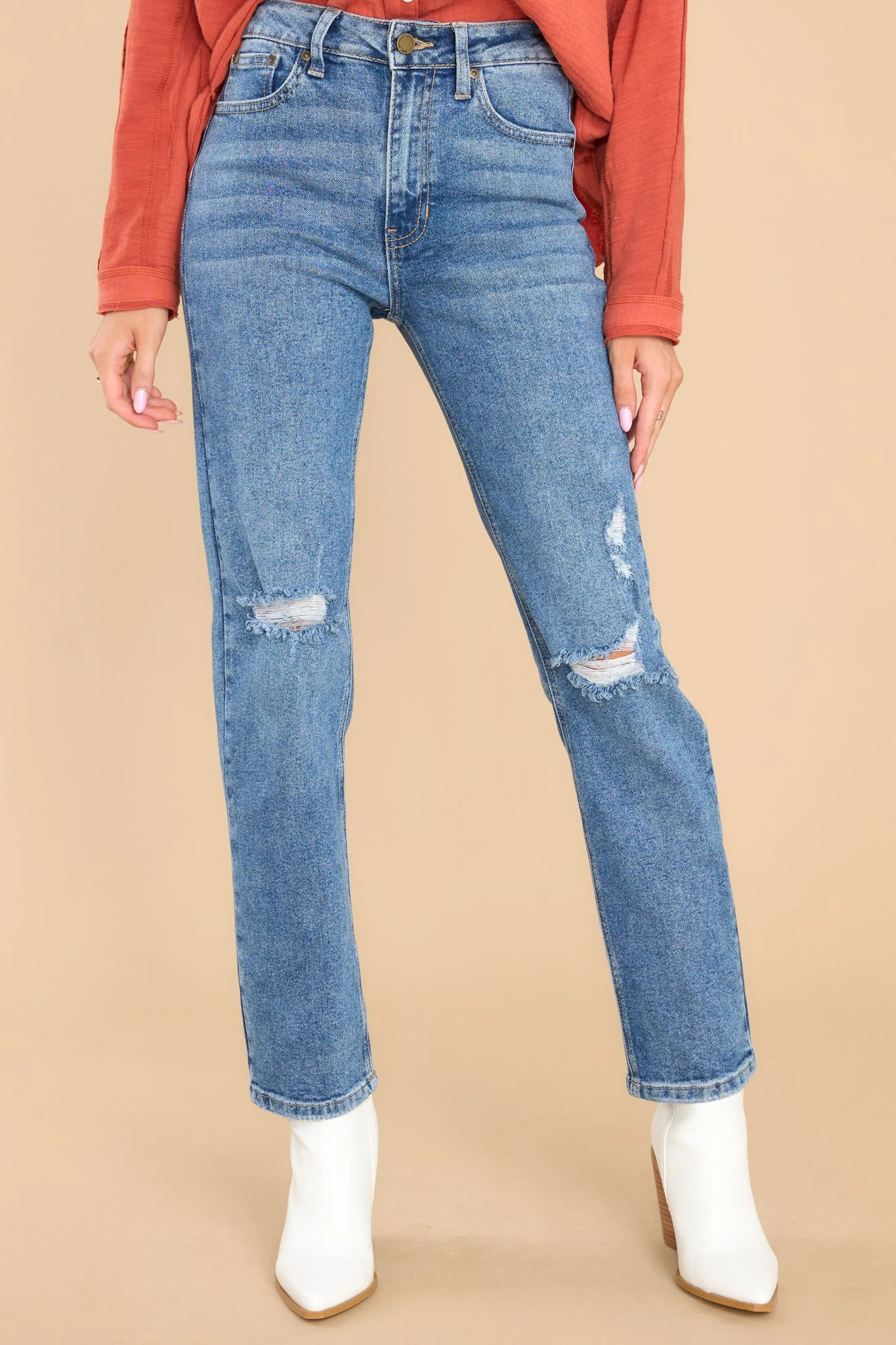 All The Rage Medium Wash Distressed Straight Jeans | Red Dress 