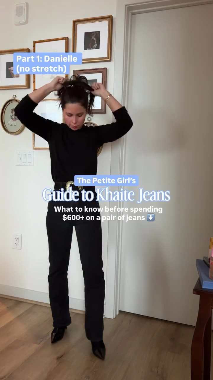 Out of my 4 pairs of Khaite jeans, these Danielle’s in black are the one’s that are least comfortable, but that’s because the others are super comfortable whether I’m in my normal size or days I’m feeling bloated. 
D 
When you do your research, you’ll also see that black jeans no matter the brand run a little tighter in general, so I know people who have actually sized up 2 sizes in the black but not in any of the other sizes.

Danielle vs Abigail: Both styles are high-waisted, but the Abigail is not as high as the Danielle, making it feel more comfortable to wear. The Danielle sits higher, which some people love the look (including me) but can feel more restrictive.

As far as the length goes, if you’re under 5’3” you’re going to have to get them both hemmed.

I’m a true 00 or XXS and I opt for 23’s in Khaite which fits me best out of any denim brand. I like Favorite Daughter jeans too but the 23’s are a little loose on me still and have to get them taken in.

Let me know what questions you have!