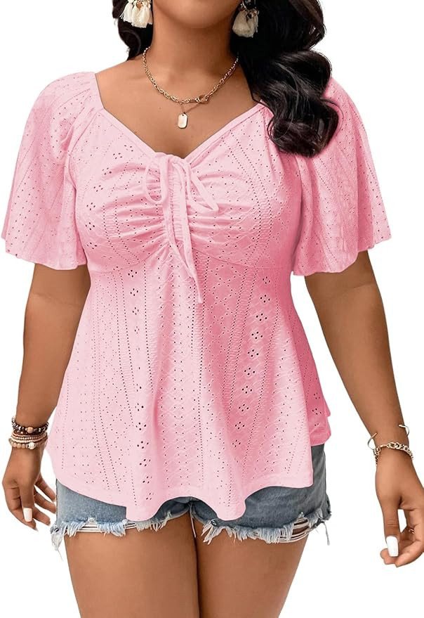 Eytino Womens Plus Size Tops Sweetheart Neck Short Sleeve Eyelet Embroidery Summer Loose Peplum S... | Amazon (US)