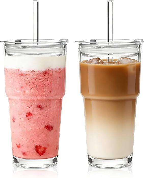 20oz Glass Tumbler with Lid and Glass Straw –Set of 2, Clear Reusable Iced Coffee Cup, Drinking... | Amazon (US)