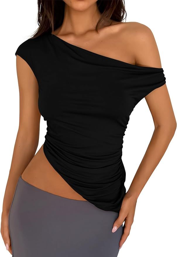 PRETTYGARDEN Womens 2024 Summer Off The Shoulder Sleeveless One Shoulder Ruched Asymmetrical Y2K ... | Amazon (US)