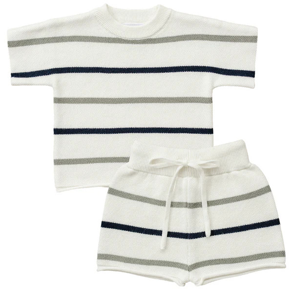 Sage + Navy Stripe Knit Short Set | Mebie Baby