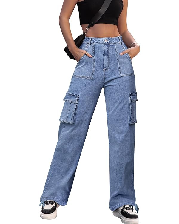 ZMPSIISA Women High Waisted Cargo Pants Wide Leg Casual Pants 6 Pockets Combat Military Trousers | Amazon (US)