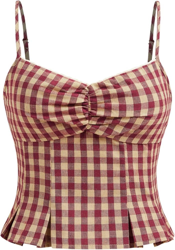 CIDER Tank Tops Y2k Shirts Gingham Top Sweetheart Neck Shirred Woven Sleeveless Cami Top Plaid Ch... | Amazon (US)