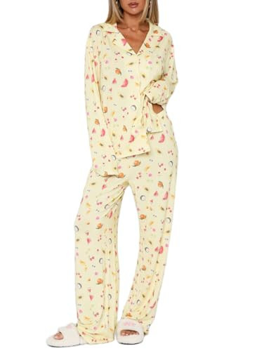Giraropa Women Fruit Pajamas 2 Piece Pajama Sets Long Sleeve Button Down Shirt Elastic Waist Pants Set Loungewear(Yellow,Medium) | Amazon (US)