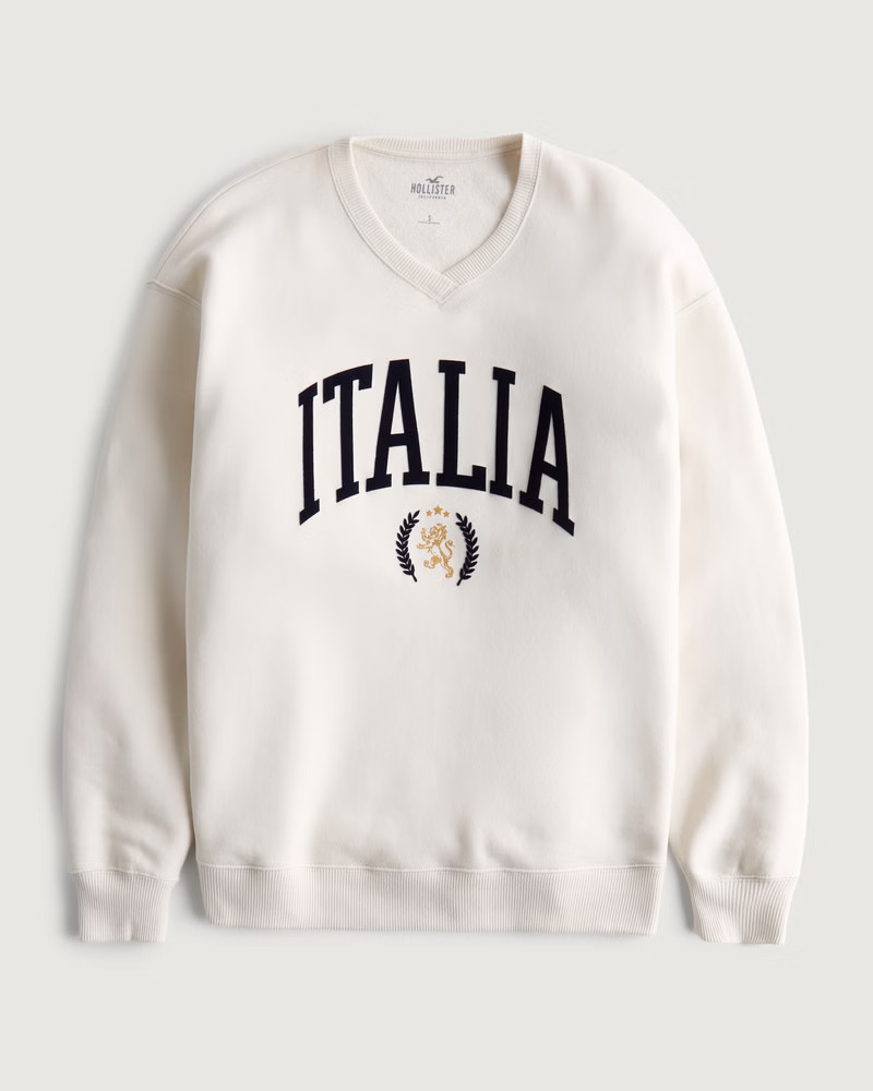 Oversized Flocked Graphic V-Neck Sweatshirt | Hollister (US)