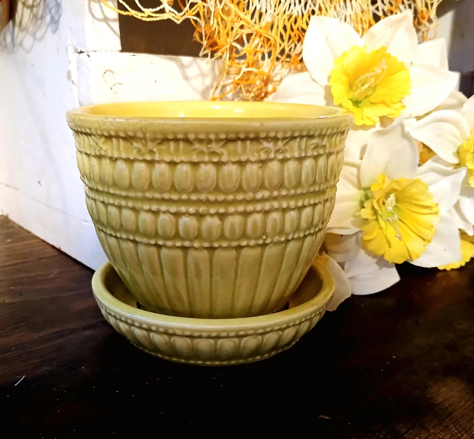 McCoy Pottery Planter Chartreuse Beaded and Banded with Attached Saucer 4 1/4" | Etsy (US)