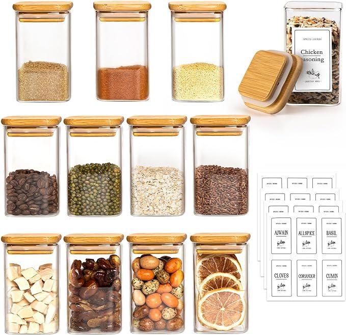 Glass Storage Jars for Kitchen 12 Pack, 250ml/8oz Spice Jars with Bamboo Lids and Labels, Airtigh... | Amazon (UK)