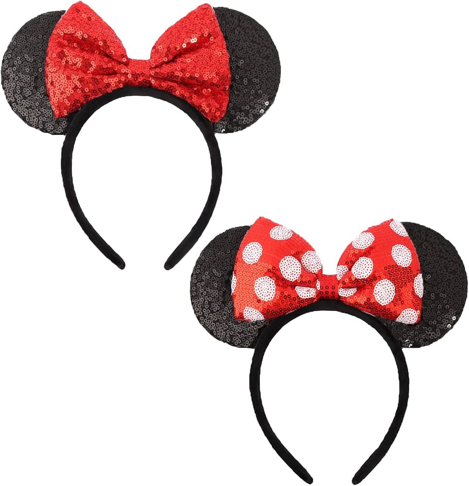 ETLUK Mouse Ears Headbands, 2 PCS Black Red Bow Headband, Classic Shinny Bow Cute Headbands for Women, Girls (Red Dot & Black) | Amazon (US)