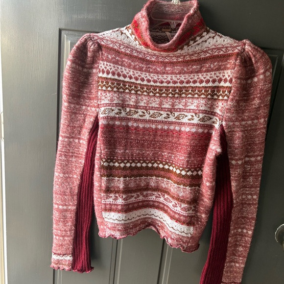 Free People Red and White Patterned Turtleneck Sweater | Poshmark
