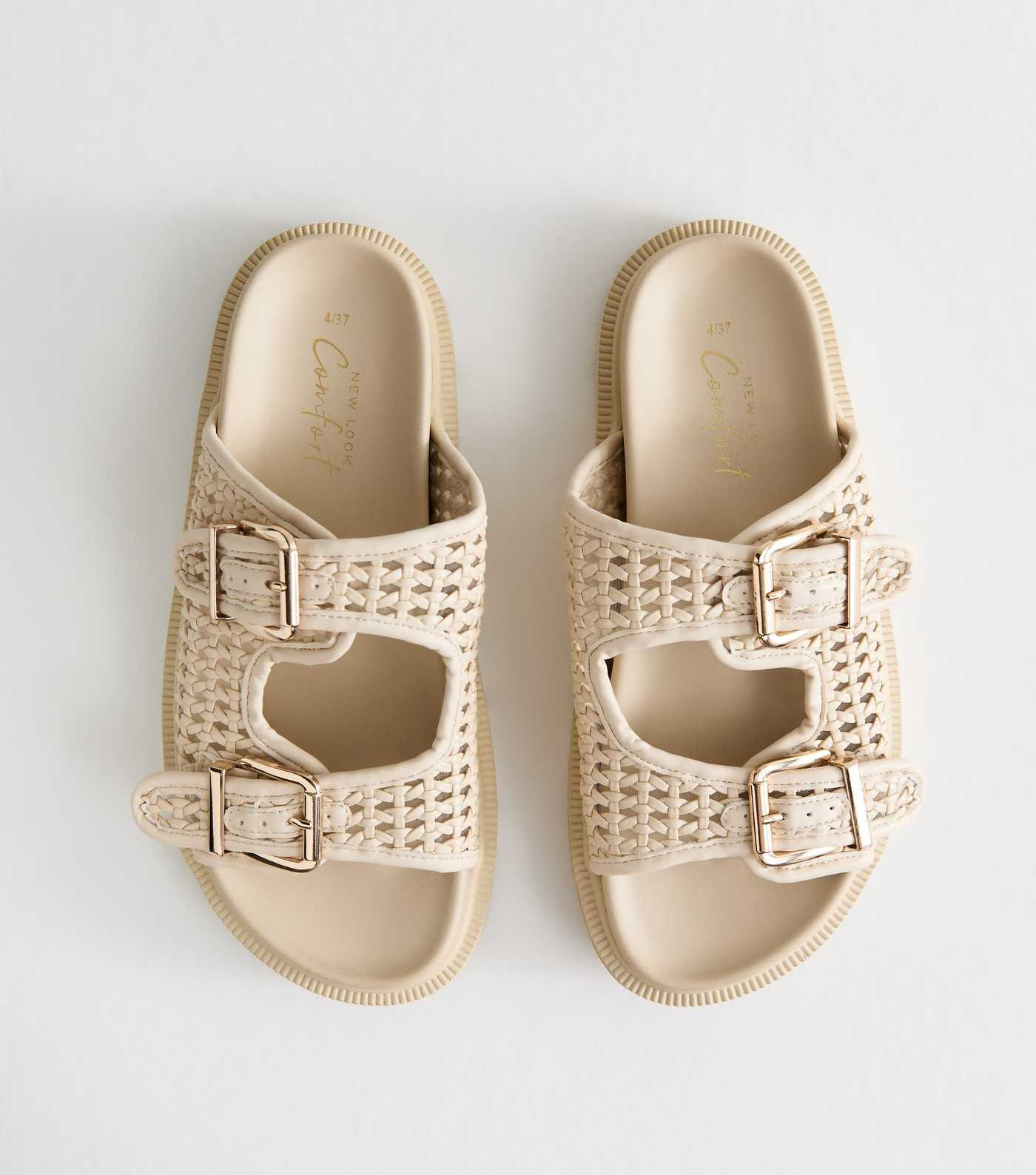 Off White Basket Weave Buckled Strap Sandals | New Look | New Look (UK)