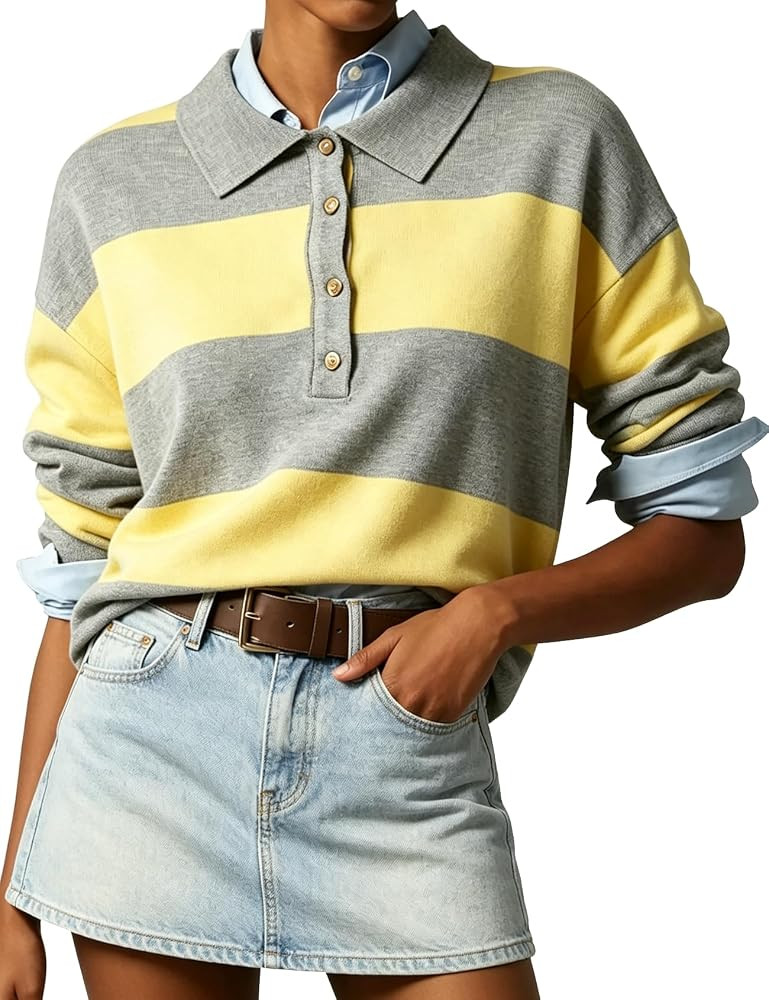 Wyeysyt Polo Sweater Women Rugby Shirt Striped Collared Sweaters | Amazon (US)