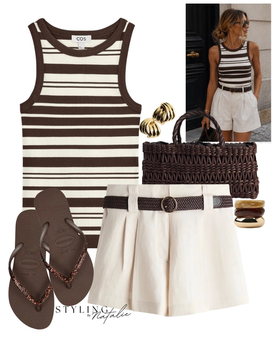 Neutral summer outfit - 
Stripe vest top, belted high waist tailored shorts, braided tote bag, 3 bracelets and glitter Havaianas flip flops. 
Cos, H&M, Zara, mango, sandals, casual cut, everyday outfit

#LTKsummer #LTKuk #LTKeurope
