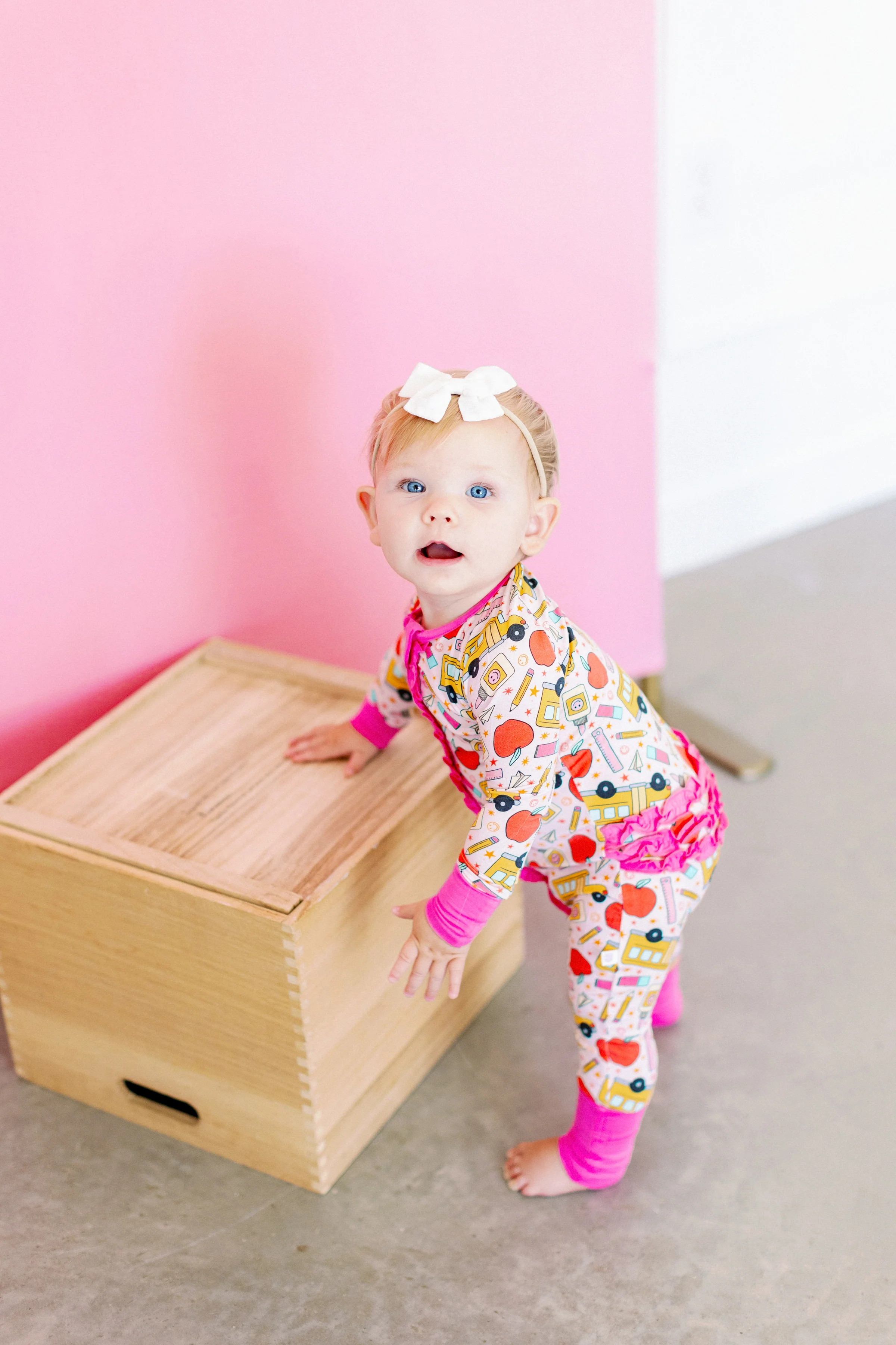 Pink School Days Premium Ruffle Romper | Poppy Kids Co