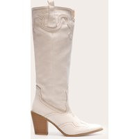 Cream Faux Suede Point Toe Western Stitch Knee High Block Heeled Boots | PrettyLittleThing UK