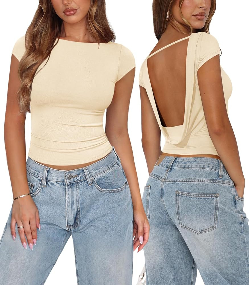 Womens Open Back Tops for Women Trendy Backless Shirt Short Sleeve Slim Fit Going Out Top Y2k Bas... | Amazon (US)
