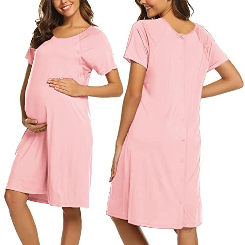 Ekouaer Womens, Cotton Pregnancy Nightgown Nightshirt, Nursing/Labor/Delivery, Maternity Breastfeeding, Short Sleeve Birthing Gown, Plus Size, Pink, Large | Amazon (US)