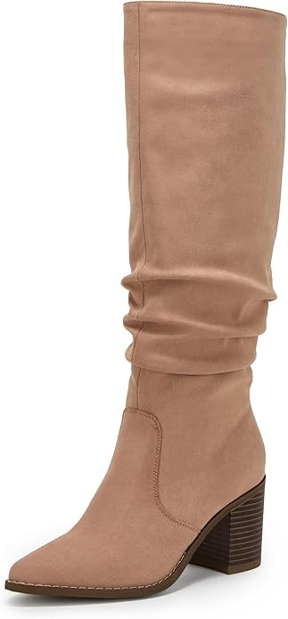 Huiyuzhi Womens Pointed Toe Knee High Boots Mid Chunky Heel Faux Suede Side Zipper Riding Booties | Amazon (US)