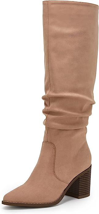 Huiyuzhi Womens Pointed Toe Knee High Boots Mid Chunky Heel Faux Suede Side Zipper Riding Booties | Amazon (US)