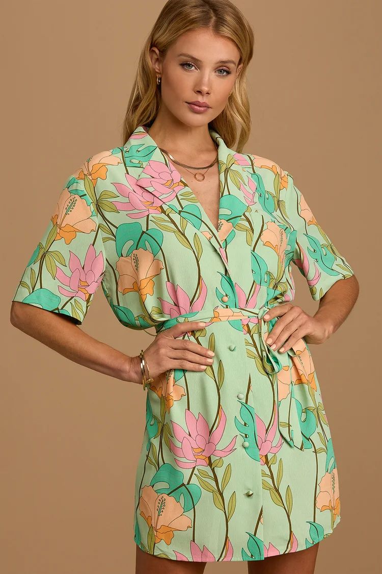 Totally Tropical Light Green Floral Print Button-Up Shirt Dress | Lulus (US)
