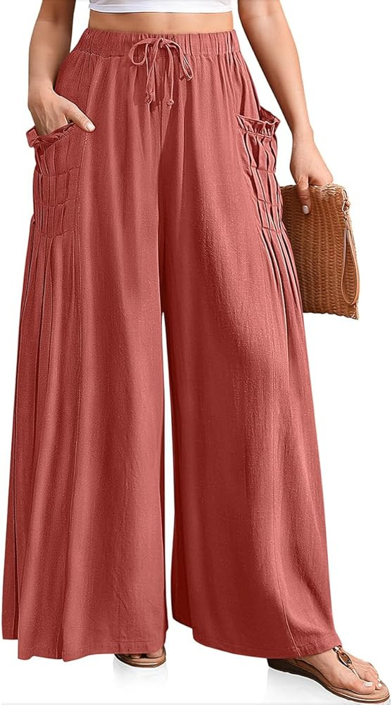 TARSE Women Linen Palazzo Pants Summer Wide Leg Boho Drawstring Casual Lounge Pant Beach Travel V... | Amazon (US)