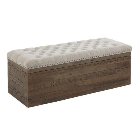 Serena Gray Upholstered Carved Wood Storage Ottoman | World Market
