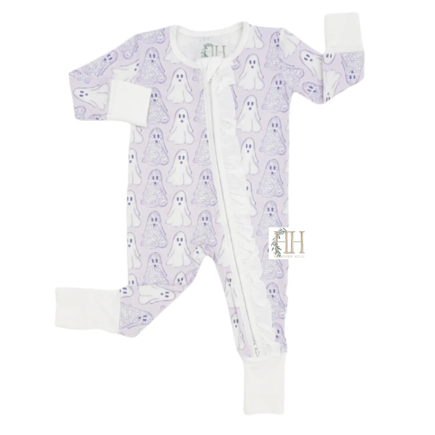Girls Purple Floral Ghosts Double Zipper Romper | Hamner Hill