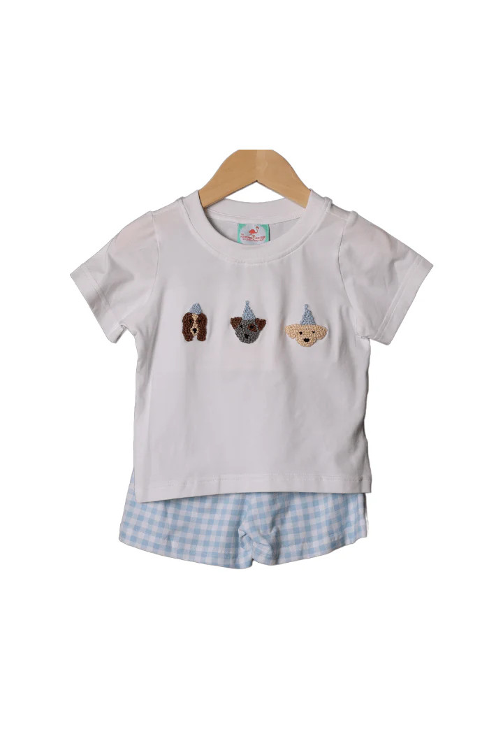 French Knot Party Pup Blue Gingham Short Set | The Smocked Flamingo
