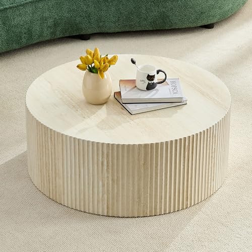JUSTONE 35.4 Inch Round Coffee Table for Living Room, Faux Travertine Stone with Relief Design, Modern Accent Table for Apartment, Dorm, Beige | Amazon (US)