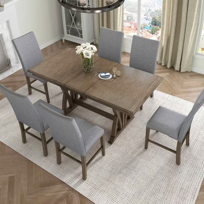 MAYEERTY 7-Piece Mid-Century Solid Wood Extendable Dining Table Set, 12" Leaf, Upholstered Chairs for 6 Person, Golden Brown + Gray | Target