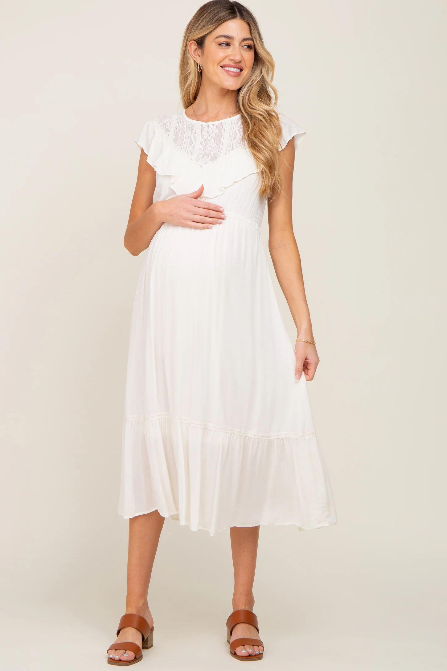 Ivory Lace Inset Ruffle Maternity Midi Dress | PinkBlush Maternity