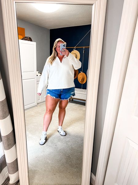 Jean shorts and lightweight pullover outfit is perfect for spring. Show off the legs but stay warm in the pullover. Styled with the spring list have sneaker! 

Plus size Jean shorts 
Plus size spring outfit 
Jean shorts
Mom shorts 
Sneakers 
Air essentials
Spanx top
Polo top 

#LTKplussize #LTKshoecrush #LTKover40