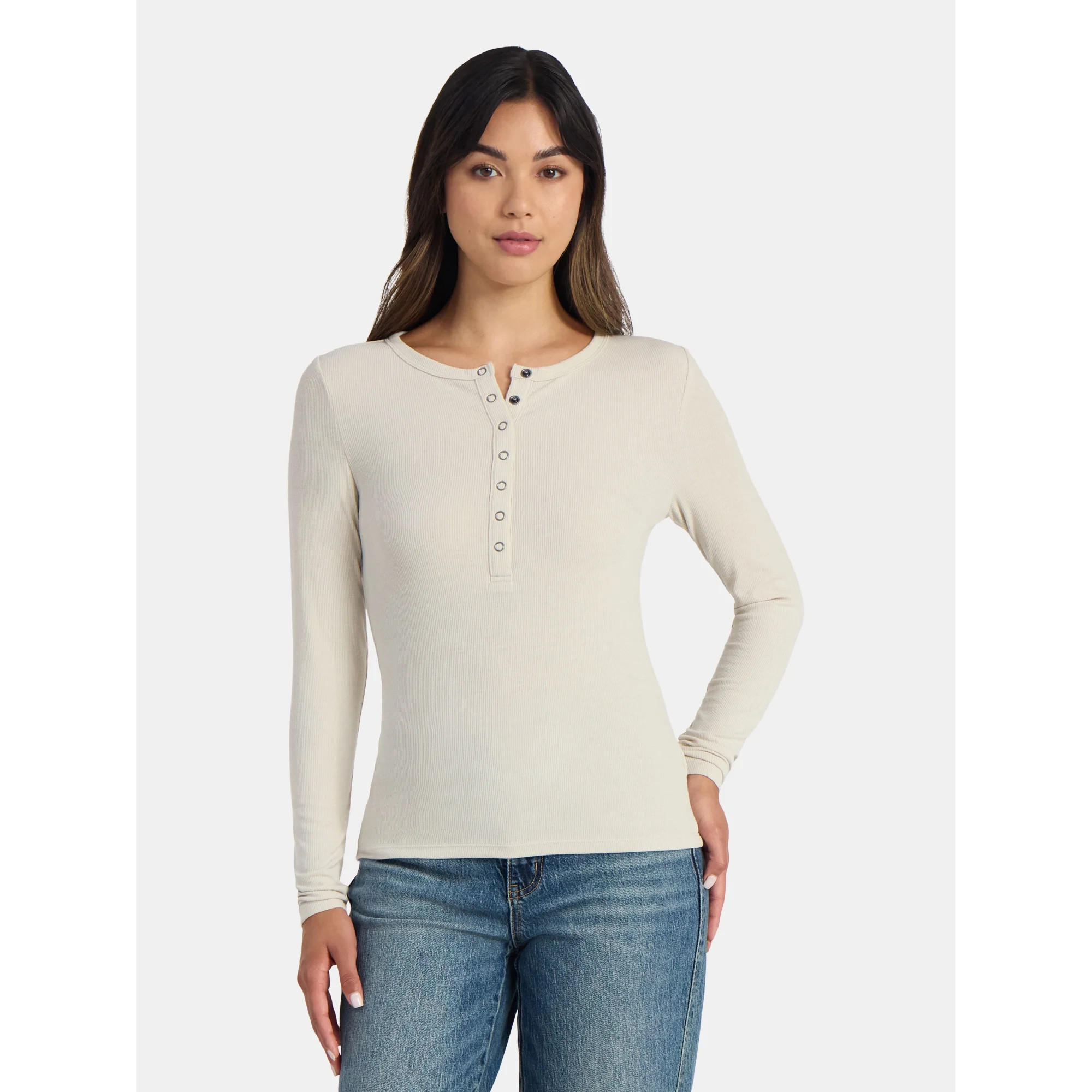 Time and Tru Women's Ribbed Henley Shirt with Long Sleeves, Sizes XS-XXXL | Walmart (US)