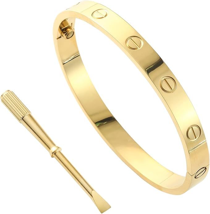 Amazon.com: Love Bracelets Bangles with Screw Design for Women 18K Gold Plated Simple Cuff Titani... | Amazon (US)