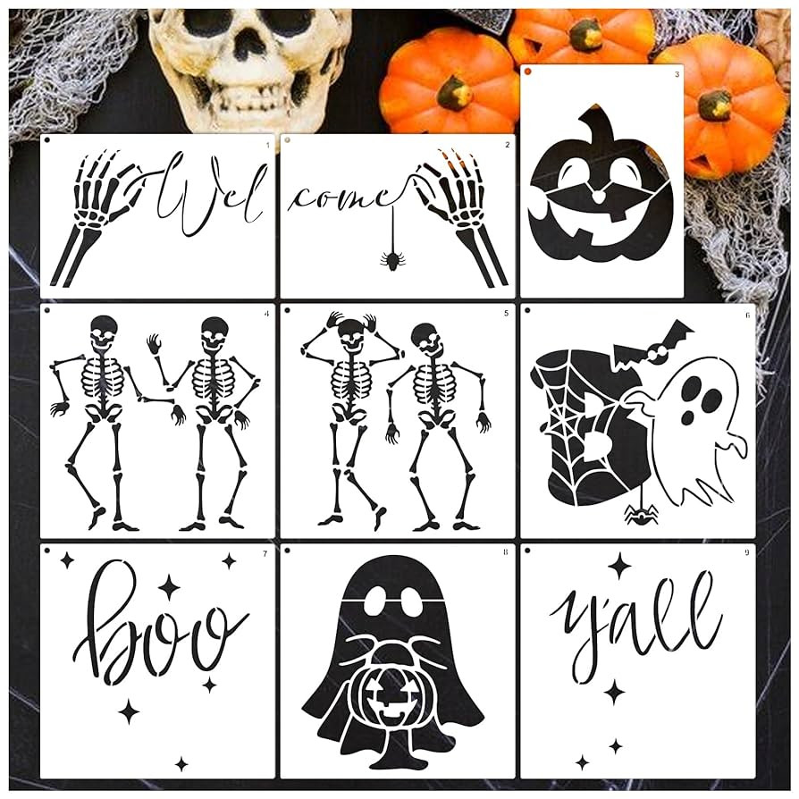 9 Pieces Large Halloween Stencils for Door Mats Reusable Plastic Halloween Welcome Boo Ghost Skel... | Amazon (US)