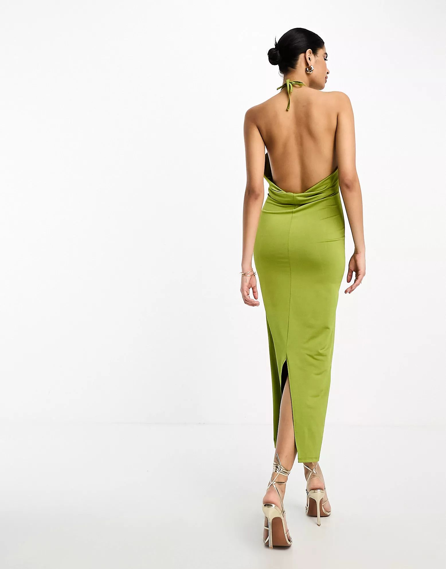 ASOS DESIGN overlay halter slinky midi dress in olive green | ASOS (Global)