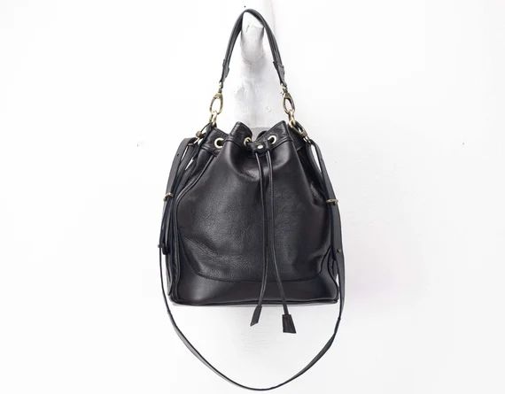 Leather Bucket Bag in Black Drawstring Bag Medium Purse - Etsy Canada | Etsy (CAD)