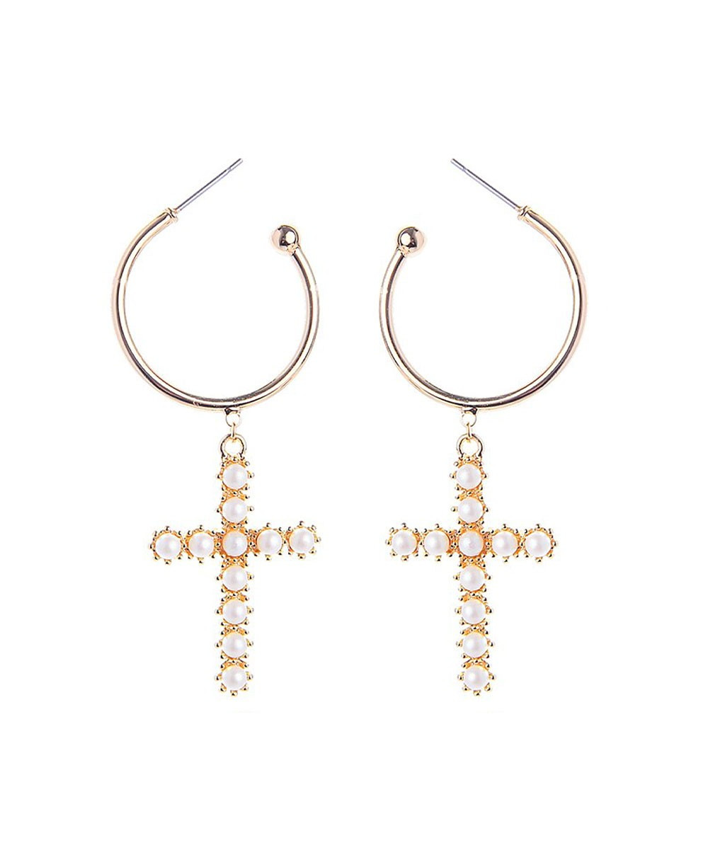 Don't AsK Women's Earrings Gold - Imitation Pearl & Goldtone Cross Hoop Earrings | Zulily