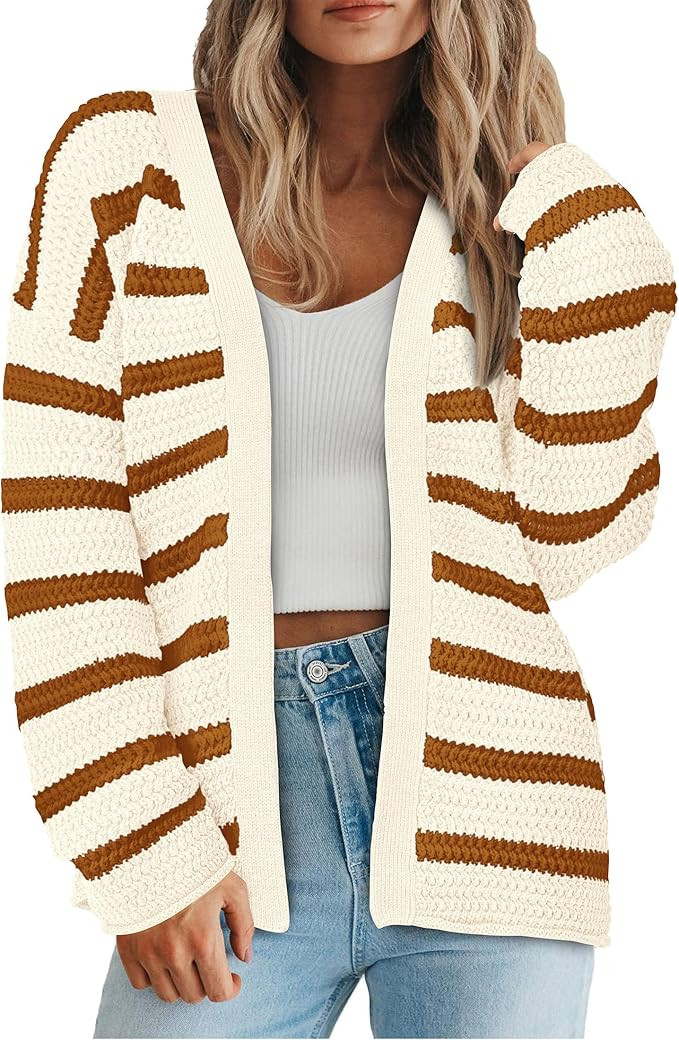 PRETTYGARDEN Women's 2024 Fall Striped Open Front Cardigan Sweaters Chunky Knit Long Sleeve Loose... | Amazon (US)
