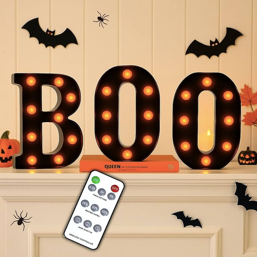 Halloween Decorations – Boo Light Up Letters with Remote | Timer, Dimmable, 3 Light Modes | Mar... | Amazon (US)