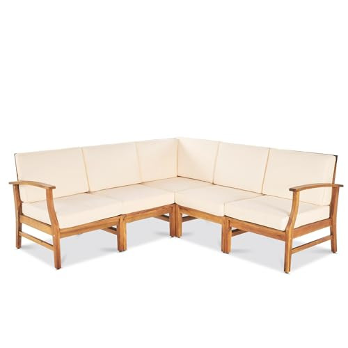 Christopher Knight Home Perla 5 Piece Patio Furniture Set, 5 Seater Acacia Wood Outdoor Corner Sofa Set, Patio Sectional Sofa Couch with Water Resistant Cushions, Teak+Cream | Amazon (US)