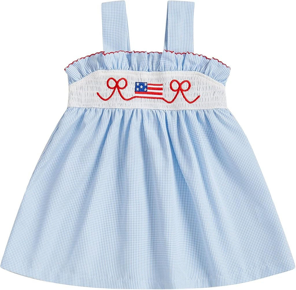 Toddler Baby Girl 4th of July Outfit American Flag Bow Smocked Dress Plaid Ruffle A-Line Dress Pa... | Amazon (US)