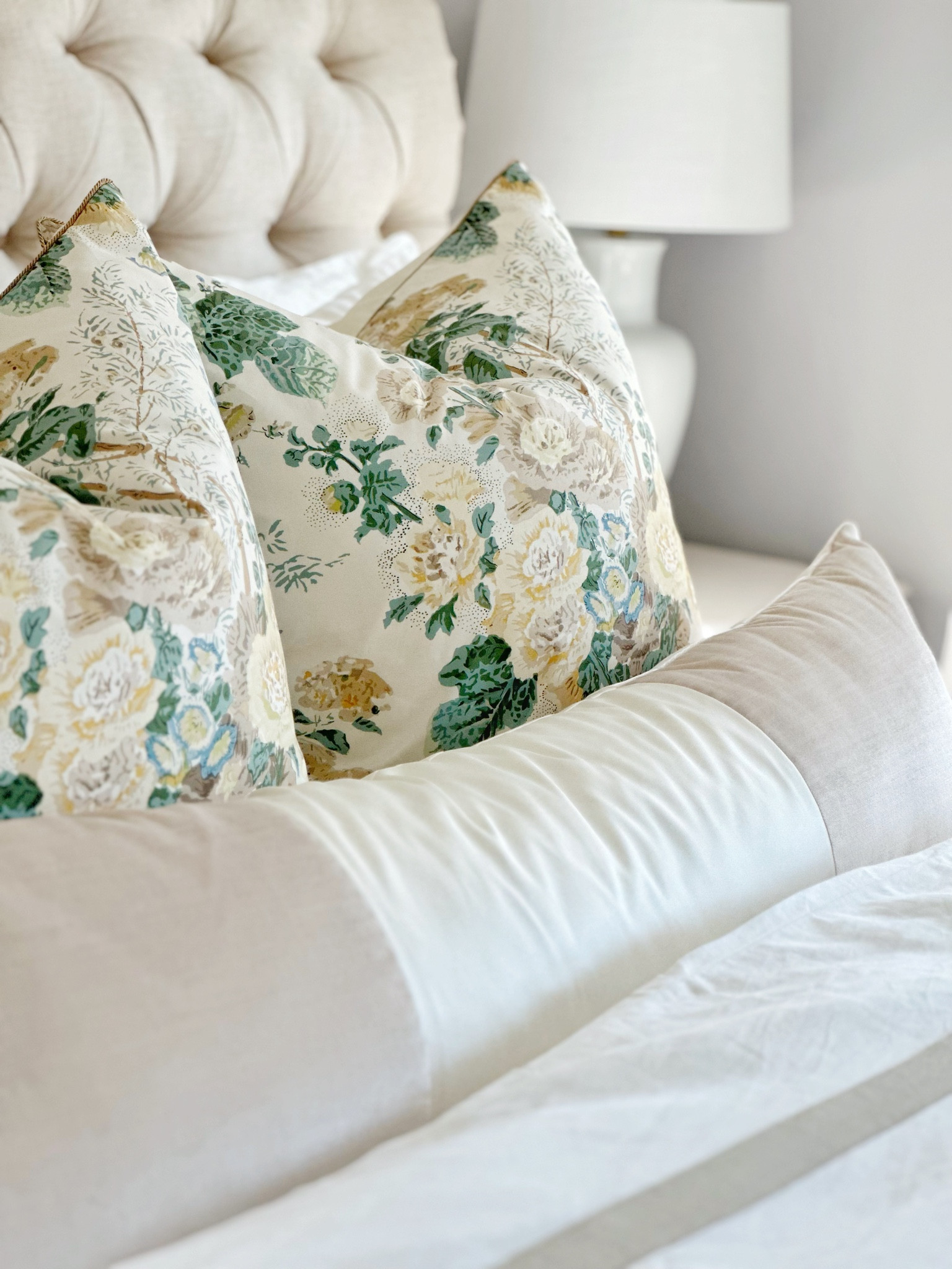 Bedroom pillows, throw pillows, Lee Jofa Althea, Etsy, handmade, lumbar pillow, velvet pillow, living room, grand millennial, floral chintz, Greek key, Ballard, tufted bed, #competition 

#LTKhome #LTKFind