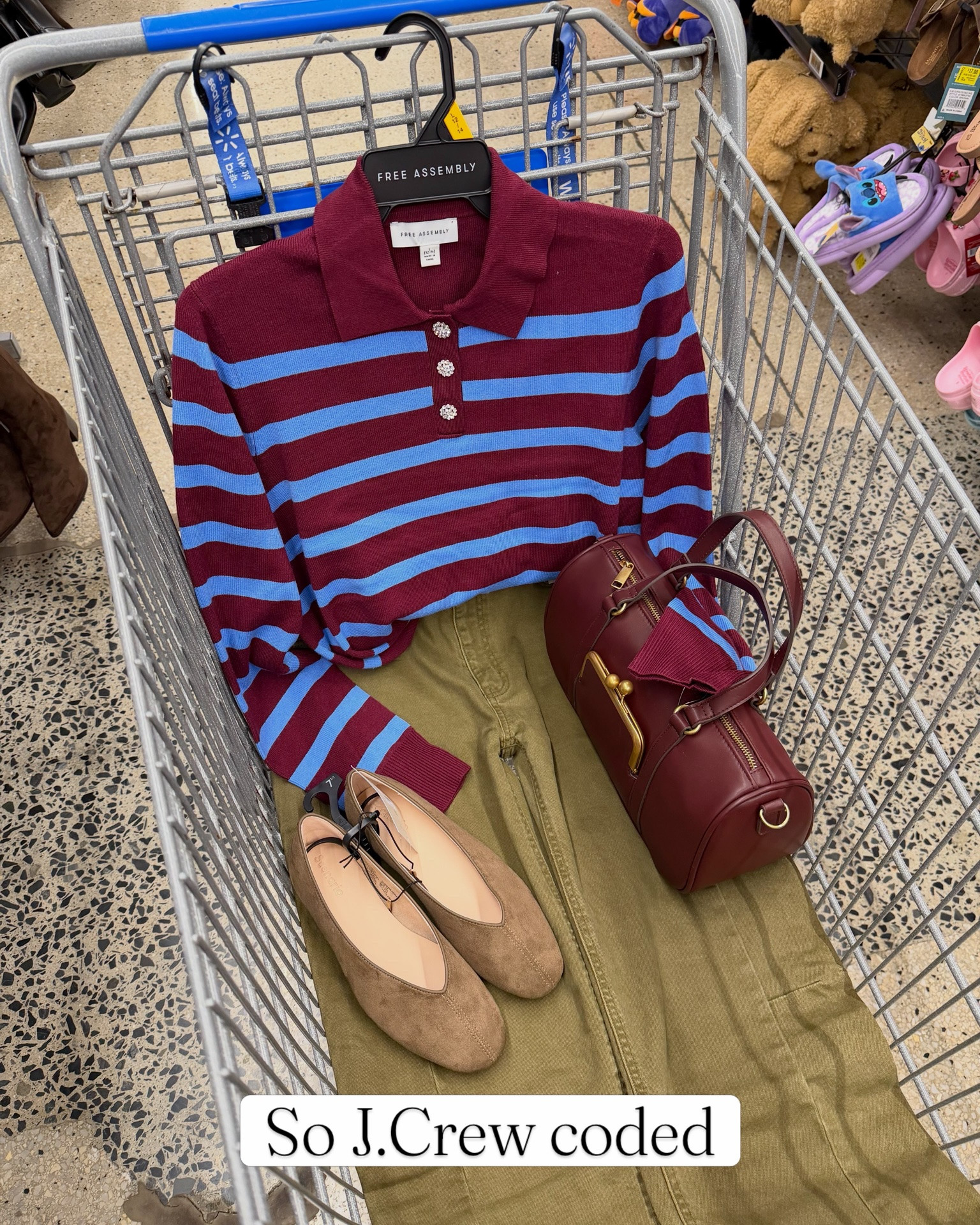 Walmart fall outfit idea with this stripe sweater and olive pants. I used AI to style it on me so you can get a sense of how it might look (similar to Amazon’s “try it on me” feature). The pants are a barrel fit and the shoes don’t bave bows.