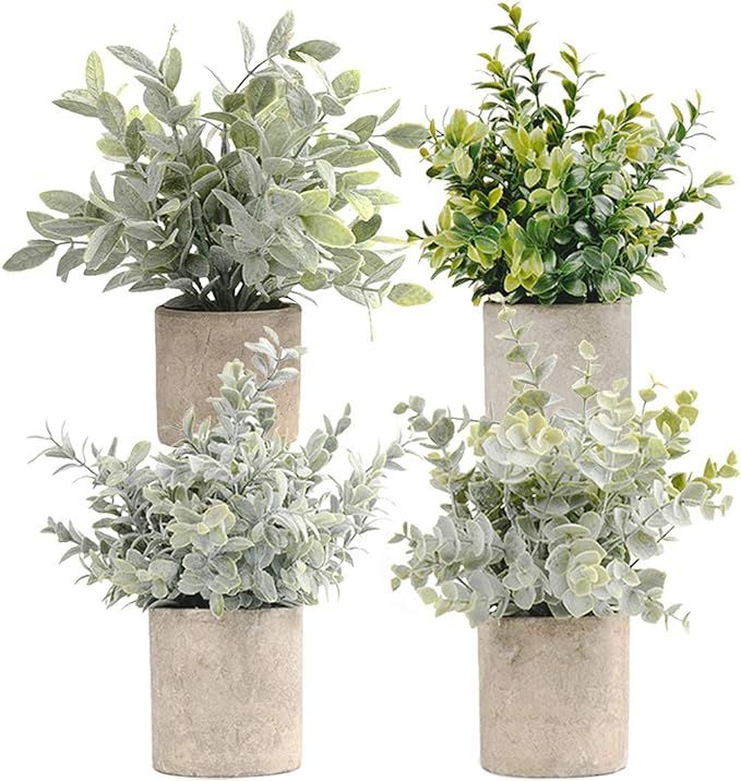 HappyHapi Set of 4 Mini Potted Artificial Eucalyptus Plants Plastic Fake Green Rosemary Plant for... | Amazon (US)