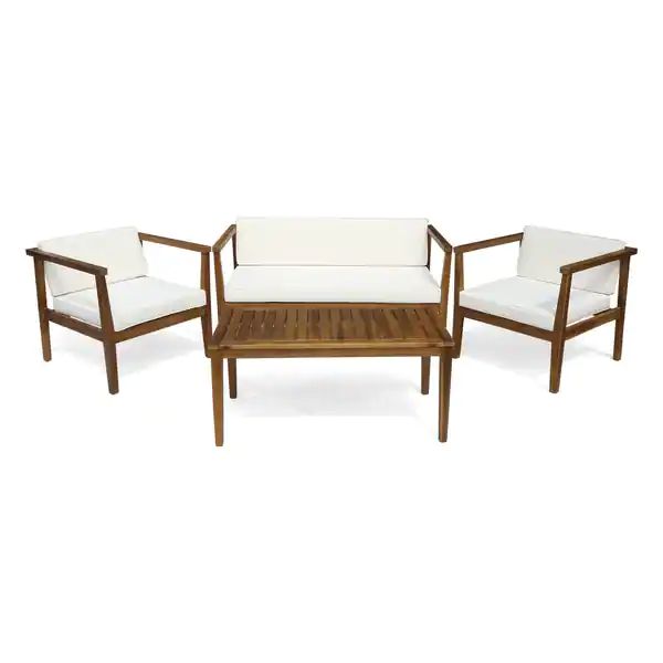 Newbury Outdoor 4-Seater Acacia Wood Chat Set with Coffee Table by Christopher Knight Home - Over... | Bed Bath & Beyond