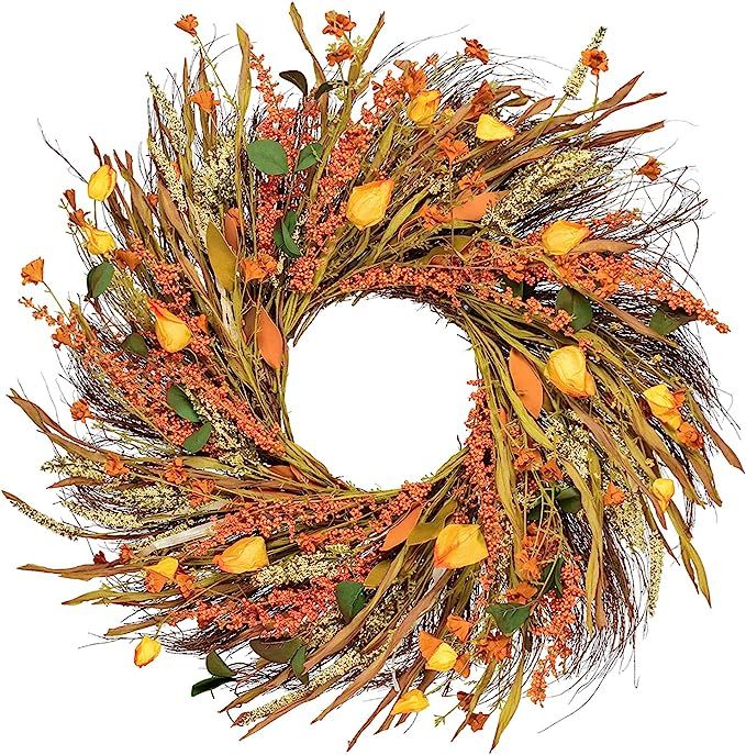 DearHouse 22 inch Fall Wreath Front Door Wreath Grain Wreath Harvest Gold Wheat Ears Circle Garla... | Amazon (US)