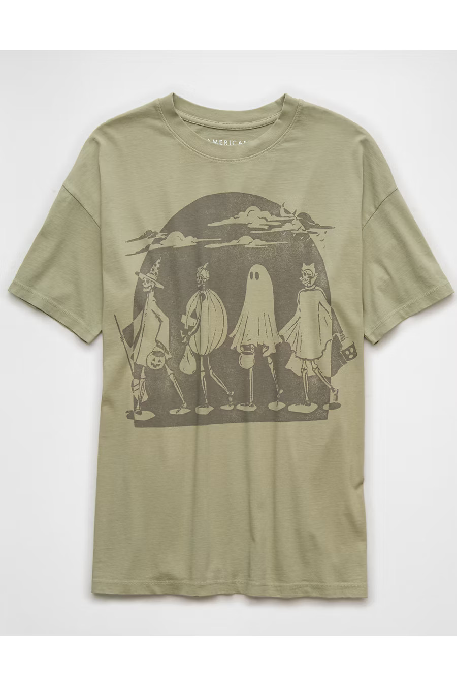AE Oversized Halloween Skeleton Graphic T-Shirt Women's Green Large/X-Large | American Eagle Outfitters (US & CA)
