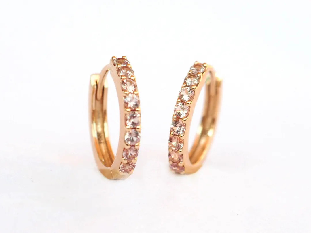 Peach Sapphire Hoop Earrings 12mm 9mm . 14k 18k Yellow White Rose Gold . Sapphire Huggie Earrings... | Etsy (US)