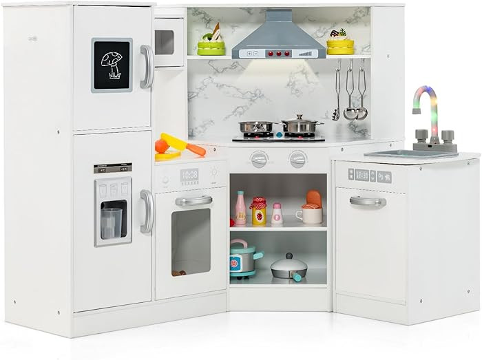 HONEY JOY Corner Play Kitchen, Little Chef Wooden Toy Kitchen Set for Toddler, Range Hood, Sink, ... | Amazon (US)